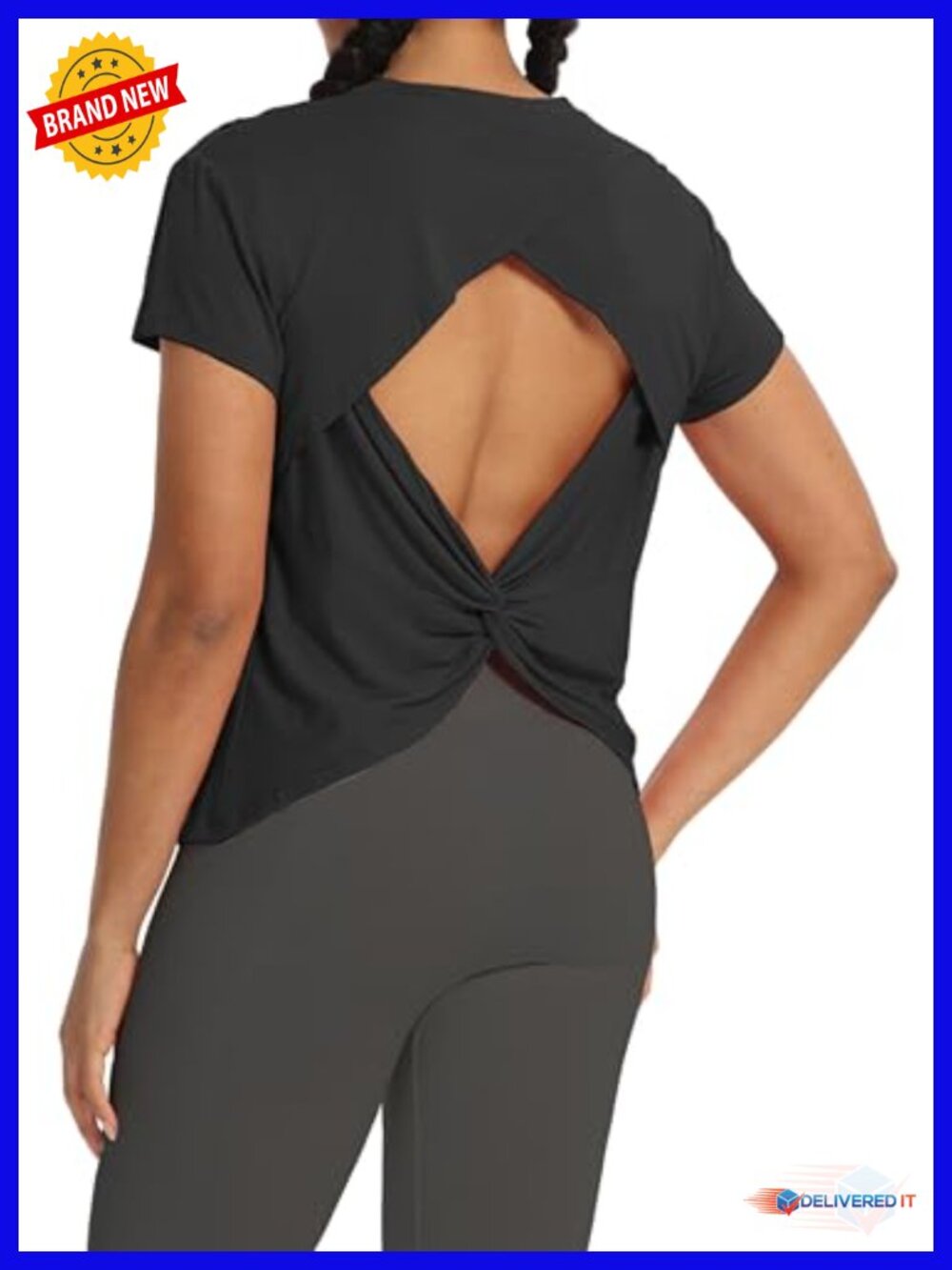 Backless Twist Design Yoga Top Short Sleeve Breathable Stretchy Rayon Blend